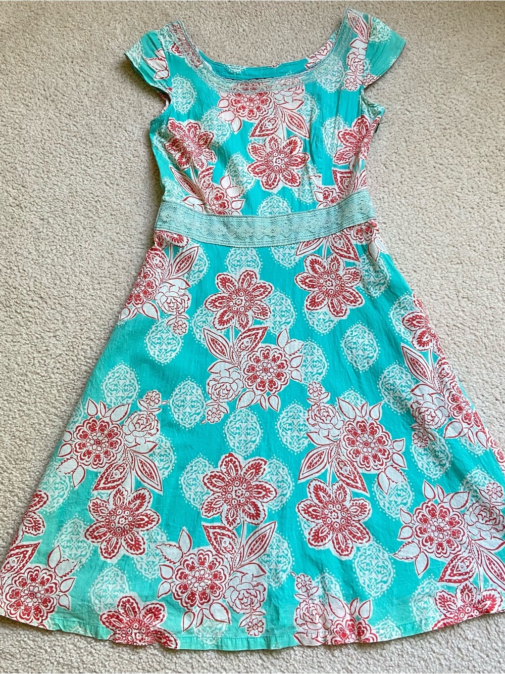 Turquoise Floral Fit & Flare Dress – Cap Sleeve Summer Dress with Lace Waist Det